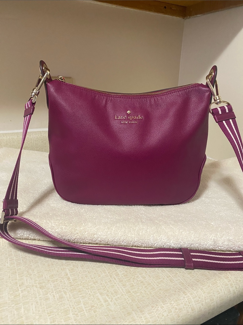 kate spade Deep Magenta Leather Crossbody with Striped Strap